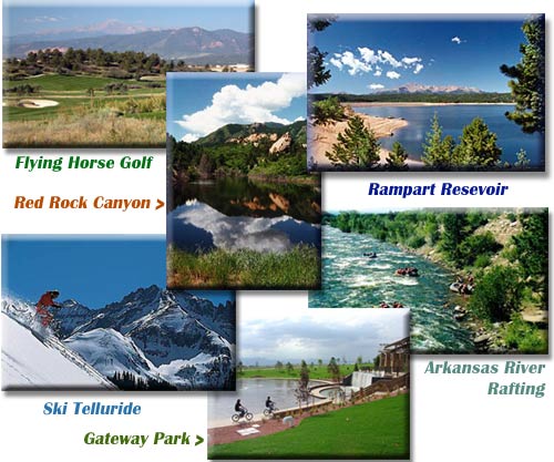 Colorado Springs area recreation, including fishing, golfing, Pikes Peak, Garden of the Gods, skiing, rafting, Royal Gorge, parks, and more!